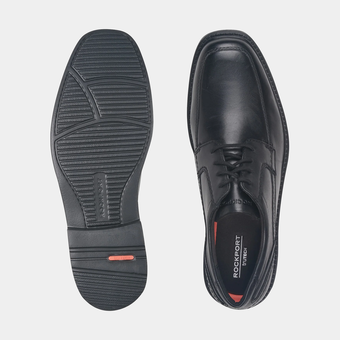 Rockport Style Leader 2 Apron Toe dress shoes in black leather with apron toe design and durable rubber outsole, top and sole view.