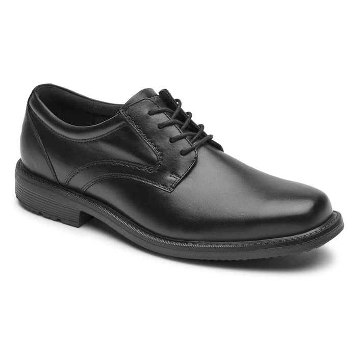 Rockport Style Leader 2 Plain Toe dress shoes in black leather with lace-up design and low heel, side view.
