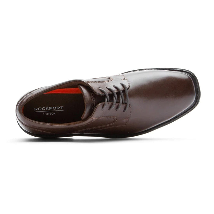 Rockport Style Leader 2 Plain Toe dress shoe top view in dark brown leather with TruTECH comfort system and lace-up design.