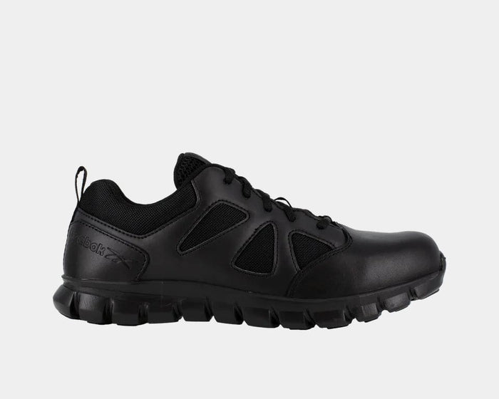 Reebok Work Sublite Cushion Tactical Shoes in black with lightweight mesh upper and durable cushioning, side view.
