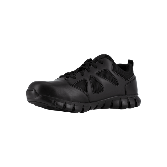 Reebok Work Sublite Cushion Tactical Shoes in black with durable leather and mesh upper, cushioned outsole, and lace-up design, side angle view.