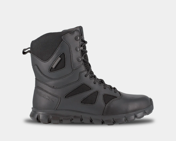 Reebok Work Sublite Cushion Tactical boots in black with leather and mesh upper, cushioned outsole, side view.