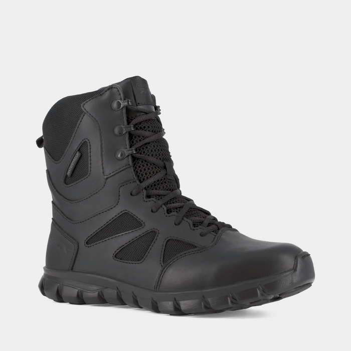 Reebok Work Sublite Cushion Tactical boots in black with mesh inserts, cushioned outsole, and reinforced toe, side view.