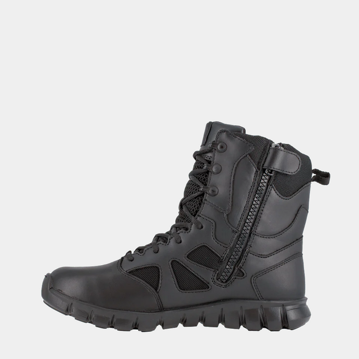 Reebok Work Sublite Cushion Tactical boots in black with side zipper, mesh panels, and cushioned sole, side view.