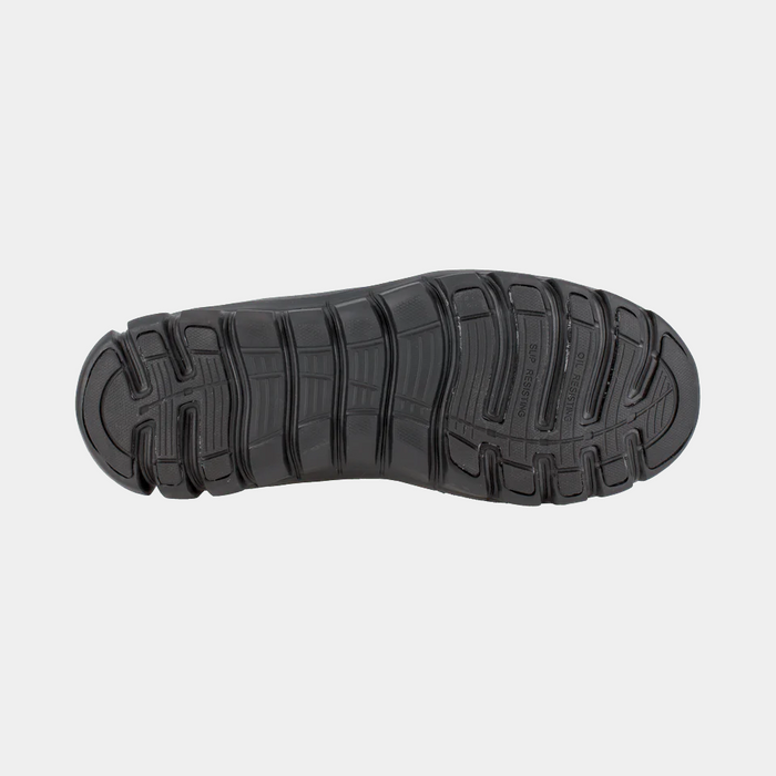 Reebok Work Sublite Cushion Tactical outsole in black with slip-resistant grooves and flexible tread design, bottom view.