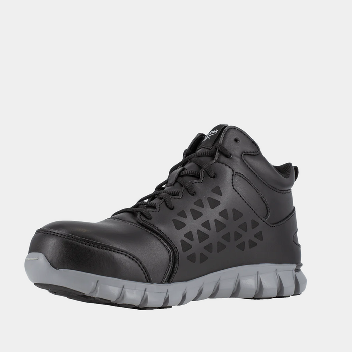 Reebok Work Sublite Cushion Waterproof Composite Toe Boots in black with gray outsole, showcasing durable leather upper and perforated side design, front angled view.