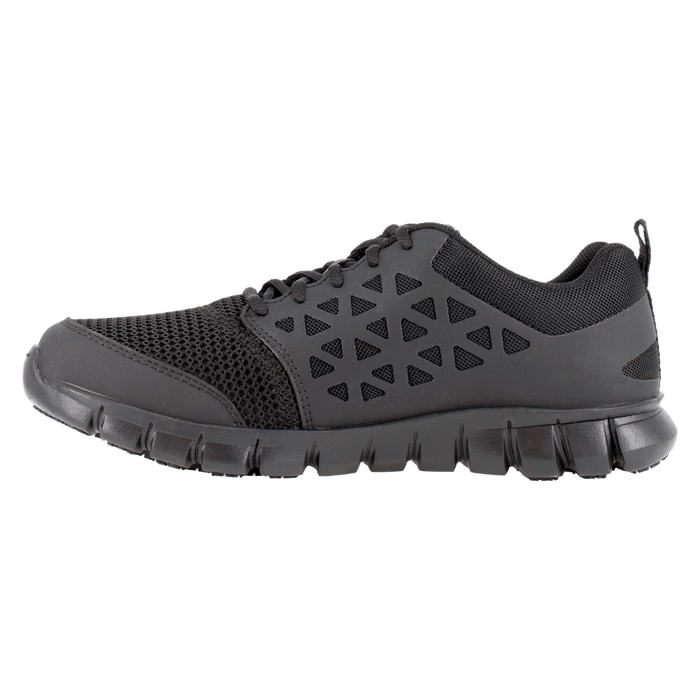 Reebok Work Sublite Cushion Work Soft Toe shoes in black with mesh upper and slip-resistant outsole, side view.