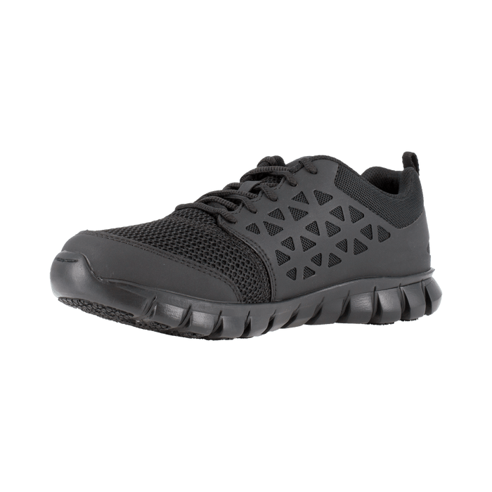 Reebok Work Sublite Cushion Work Soft Toe shoes in black with a breathable mesh upper, geometric side overlays, and lightweight outsole, angled front-side view.