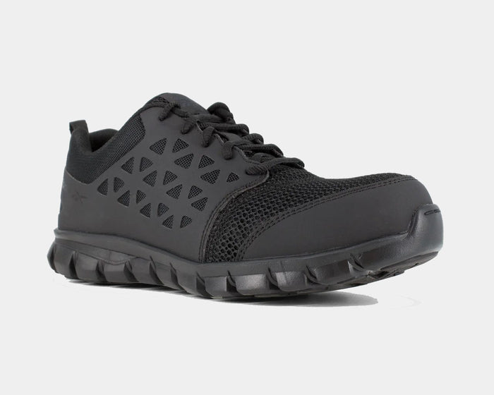 Reebok Work Sublite Cushion Work shoes in black with mesh and synthetic upper and slip-resistant outsole, front angle view.