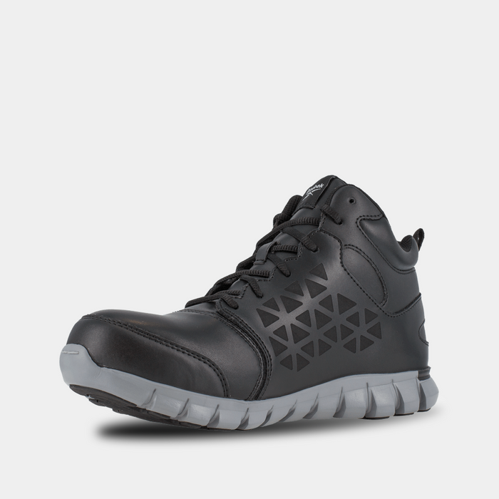 Reebok Work Sublite Cushion Work safety boots in black with cushioned sole, geometric side panel design, and lace-up closure, front-angle view.