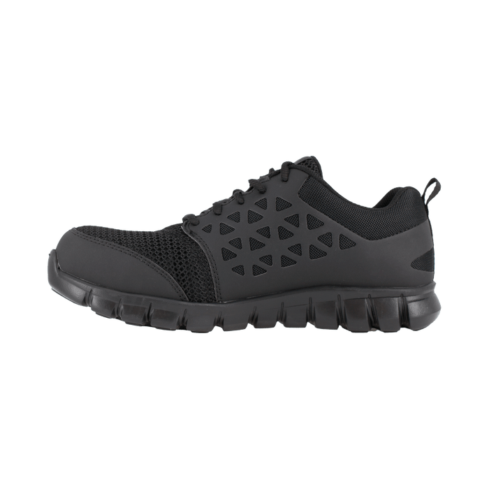 Reebok Work Sublite Cushion Work shoes in black with mesh upper, geometric side overlays, and cushioned outsole, side view