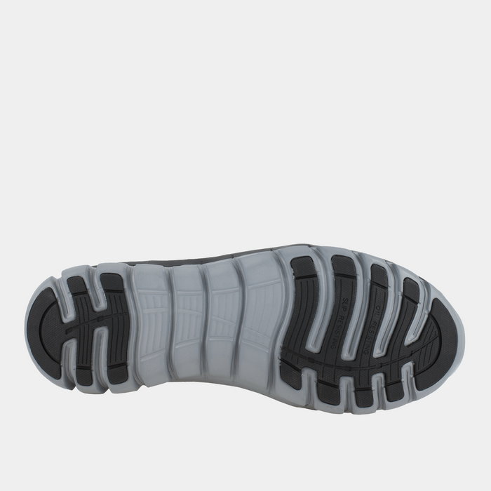 Reebok Work Sublite Cushion Work outsole in black and gray slip-resistant material with flex grooves, sole/bottom view.
