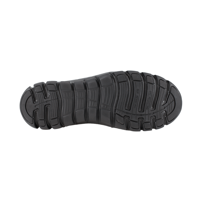 Reebok Work Sublite Cushion Work shoe outsole in black with slip-resistant tread pattern, bottom view.