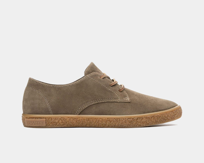 SeaVees Sun-Tans Buck shoes in beige suede with tan gum sole and stitched detailing, side view.