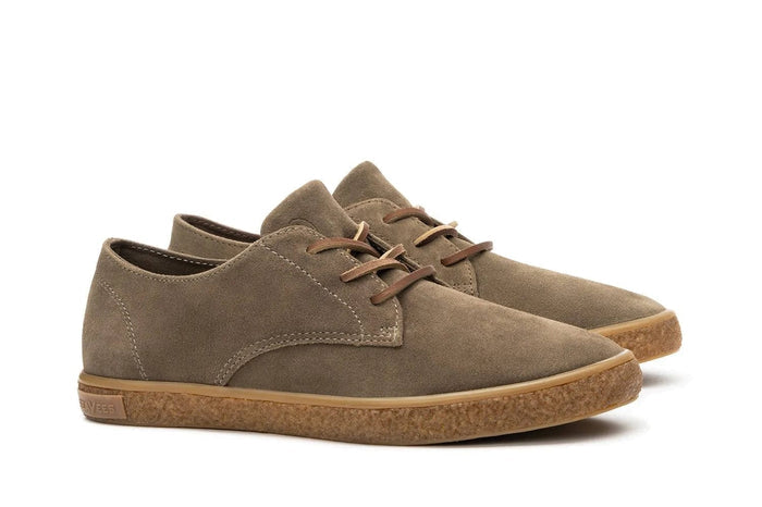 SeaVees Sun-Tans Buck shoes in light brown suede with leather laces and cork-textured outsole, side angle view.
