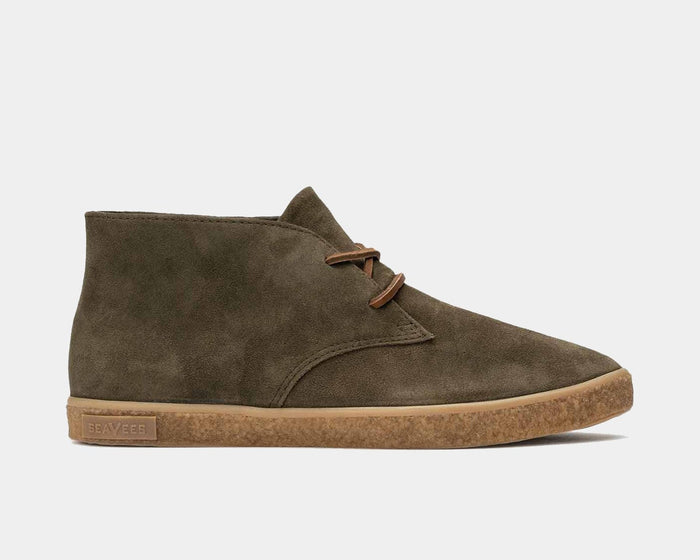 SeaVees Sun-Tans Chukka shoes in olive green suede with tan rubber sole and leather laces, side view.