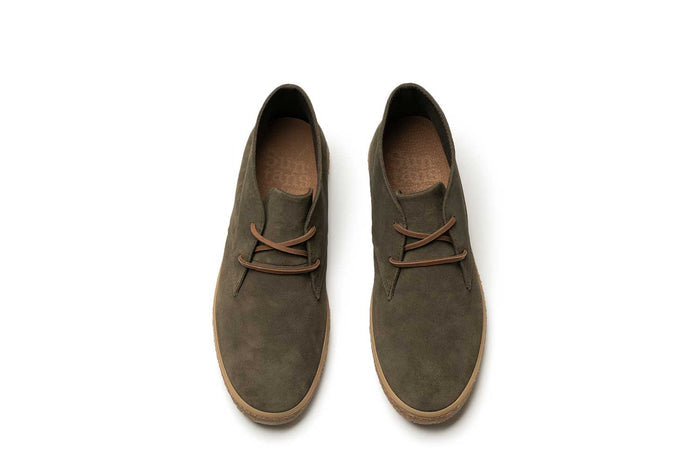SeaVees Sun-Tans Chukka shoes top view featuring olive green suede upper, brown leather laces, and gum rubber outsole.