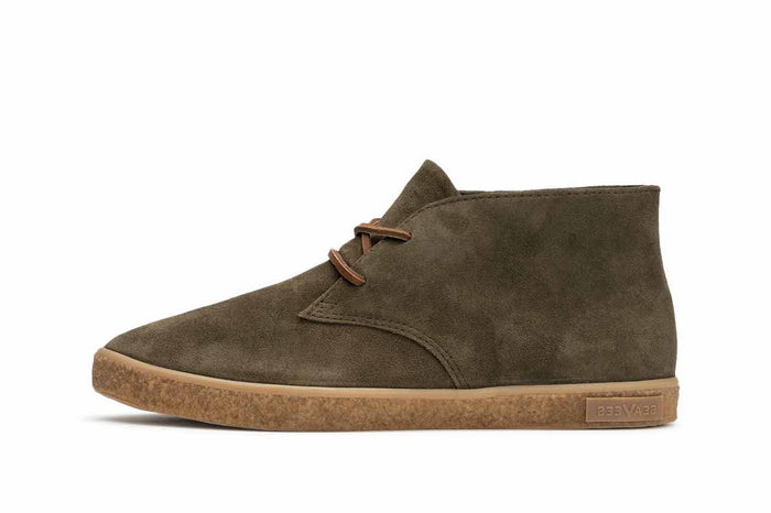 SeaVees Sun-Tans Chukka shoes in olive suede with brown laces and textured gum sole, side view.