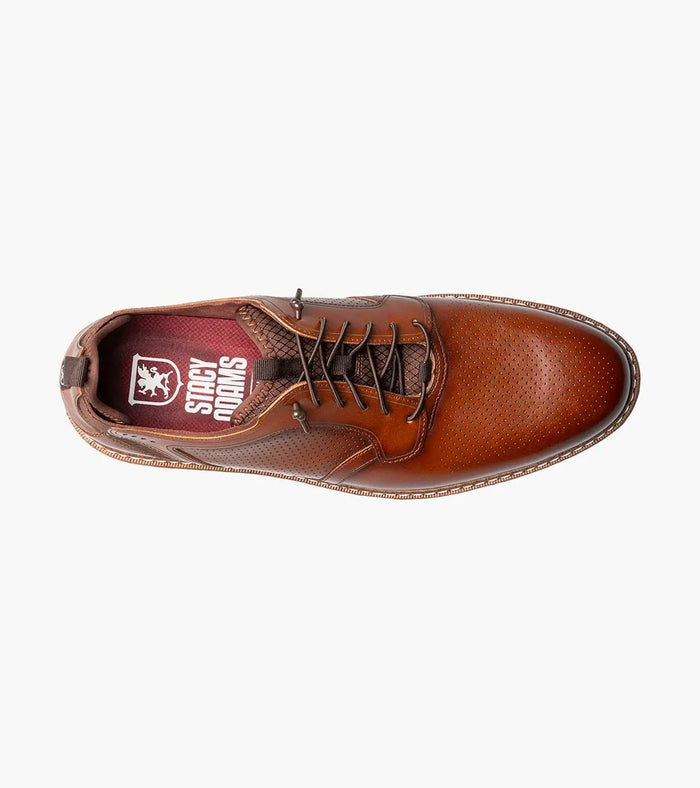 Stacy Adams Sync Plain Toe dress shoes in cognac brown leather with perforated upper, lace-up design, and branded insole, top view.