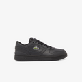 Lacoste T-Clip Set 224 2 SMA sneakers in black leather with perforated details, embroidered crocodile logo, and rubber outsole, side view.