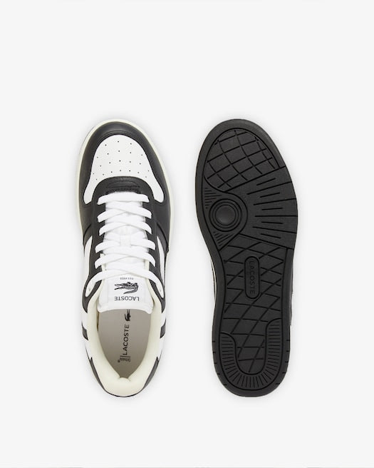 Lacoste T-Clip Set Leather Sneakers in black and white with perforated toe box and rubber outsole, top and sole view.