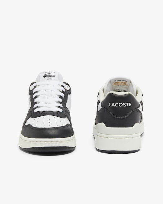 Lacoste T-Clip Set Leather Sneakers in black and white, front and back view showing perforated toe, lace-up system, and heel branding.