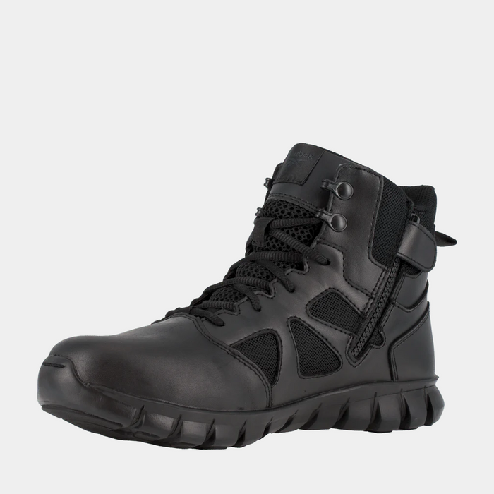 Reebok Work Tactical Boot with Side Zipper in black featuring leather and mesh upper, lace system, and durable outsole, front-side angle.