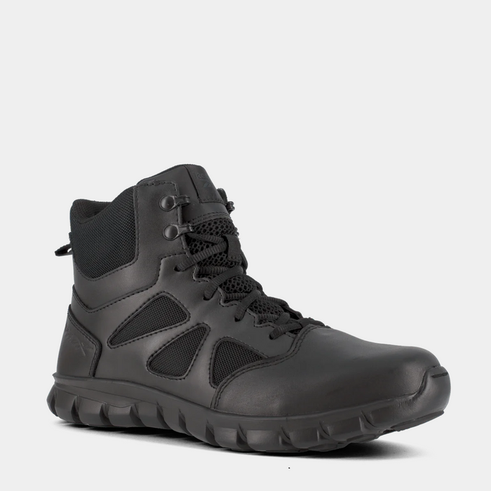 Reebok Work Tactical Boot with Side Zipper, black leather and mesh upper, durable sole, front angled view.