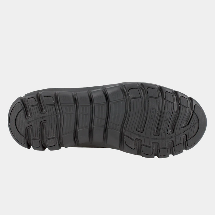 Reebok Work Tactical Boot with Side Zipper outsole view showing slip-resistant rubber and deep flex grooves in black.