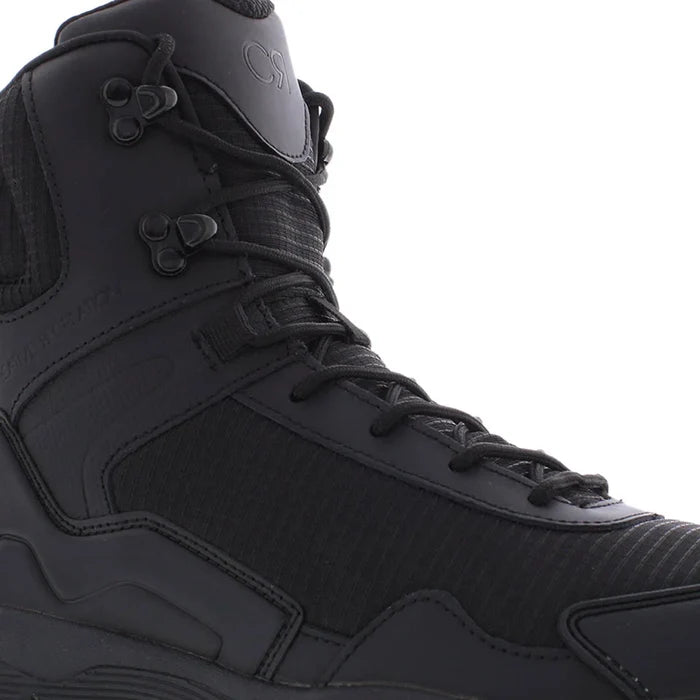 Black high-top sneaker with brand logo on a white background