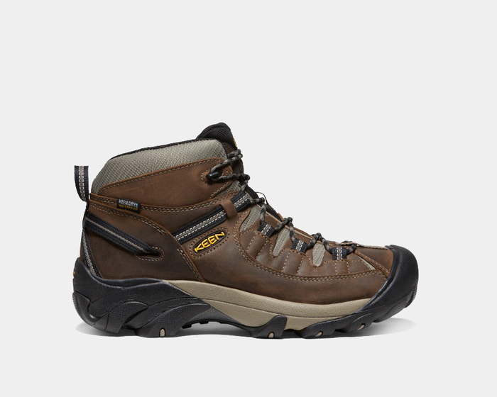 Keen Targhee II Mid hiking boots in brown with waterproof leather upper, breathable mesh inserts, and rugged black outsole, side view.