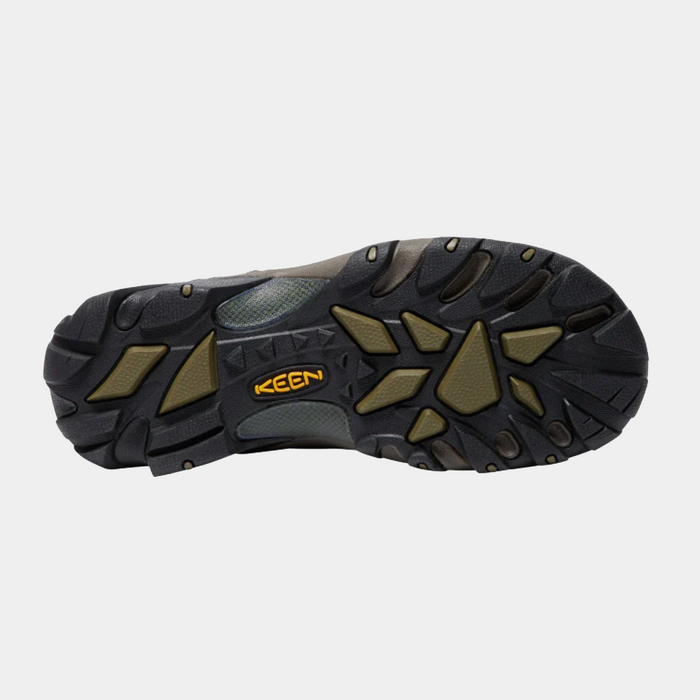 Keen Targhee II Mid hiking boots outsole with rugged tread design, multi-directional lugs, and yellow branding logo in black and olive green.