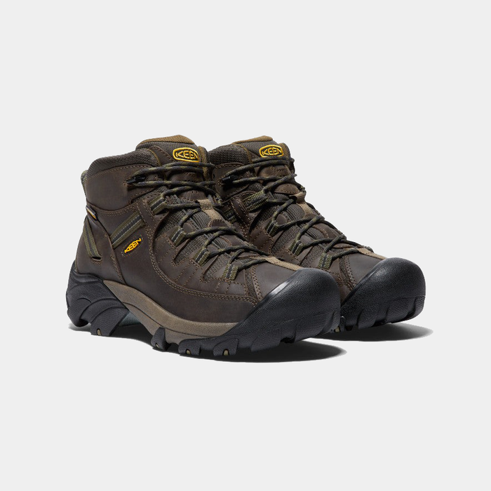 Keen Targhee II Mid hiking boots in dark brown leather with waterproof construction, lugged outsole, and reinforced toe, front angle view.