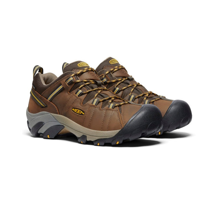 Keen Targhee II Waterproof hiking shoes in brown with rugged leather upper, protective toe cap, and durable outsole, front side view.