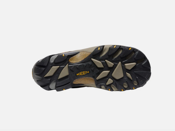 Keen Targhee II Waterproof hiking shoes outsole with multi-directional lugs, durable rubber, and textured grip in black and beige.
