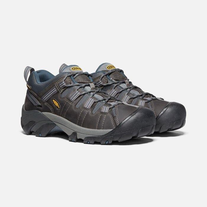 Keen Targhee II Waterproof hiking shoes in dark brown leather with reinforced toe cap, breathable lining, and rugged outsole, front-angle view.
