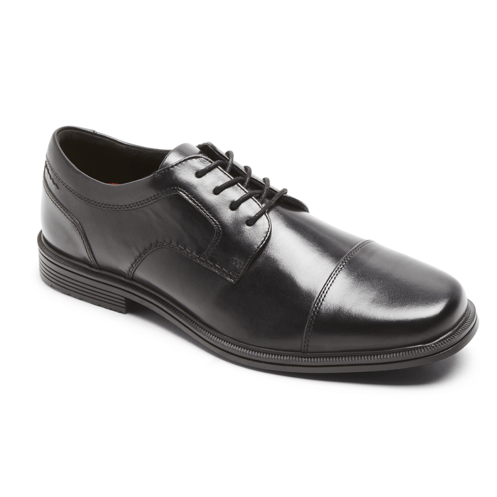 Rockport Taylor Cap Toe dress shoes in black leather with cap toe design and lace-up closure, front-side angle.