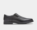Rockport Taylor Slip On shoes in black leather with elastic side gussets and textured outsole, side view.