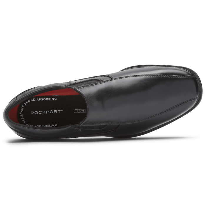 Rockport Taylor Slip On shoes in black leather with stitched detailing and cushioned footbed, top view showing interior design.