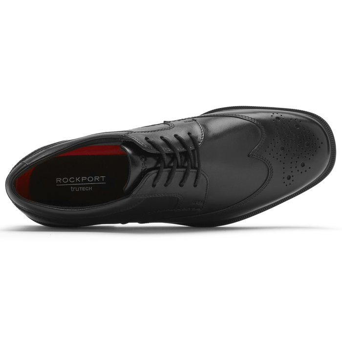 Rockport Taylor Waterproof Wingtip dress shoe in black leather with brogue details and lace-up design, top view.