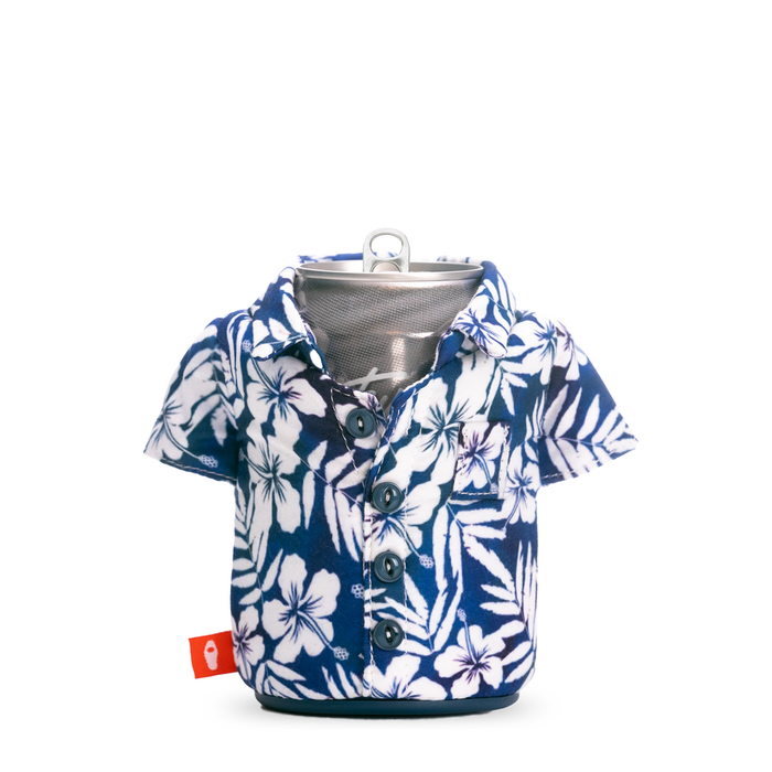 Puffin The Aloha can cooler with blue and white hibiscus print and button-up shirt design.