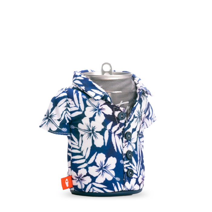 Puffin The Aloha can cooler in navy blue with white hibiscus floral pattern, button-up shirt design, and collar.