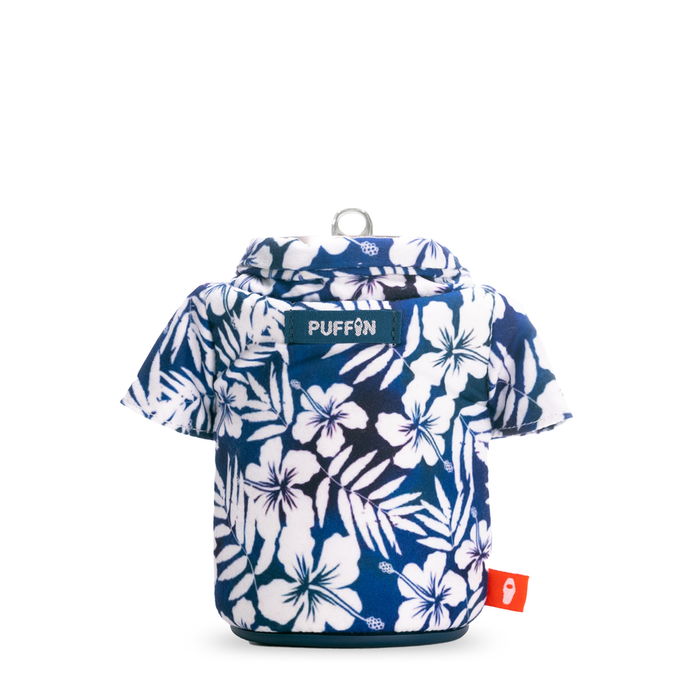 Puffin The Aloha beverage holder with blue and white tropical hibiscus print fabric and button-down design, front view.