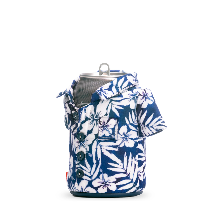 Puffin The Aloha can cooler in navy blue with white hibiscus floral design, button-up shirt style covering, side view.