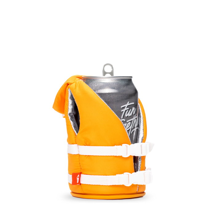 Puffin The Buoy can cooler in bright orange with white adjustable straps, designed to resemble a life jacket, side view.