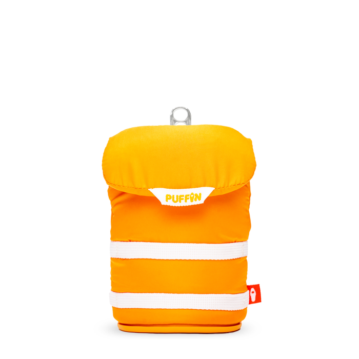 Puffin The Buoy beverage cooler in bright orange with white strap accents and Puffin logo, front view.