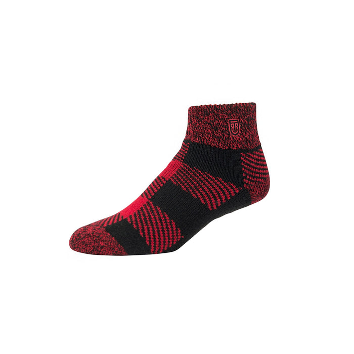 Tall Order The Cabin Slipper Socks in red and black plaid pattern with soft, cushioned fabric, side view.