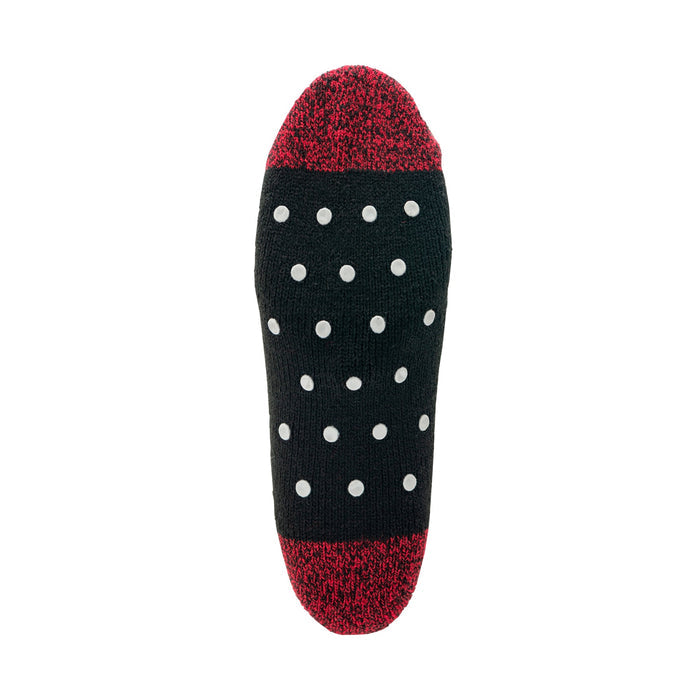 Tall Order The Cabin Slipper Socks in black with red accents, anti-slip white polka dots on sole, sole view.