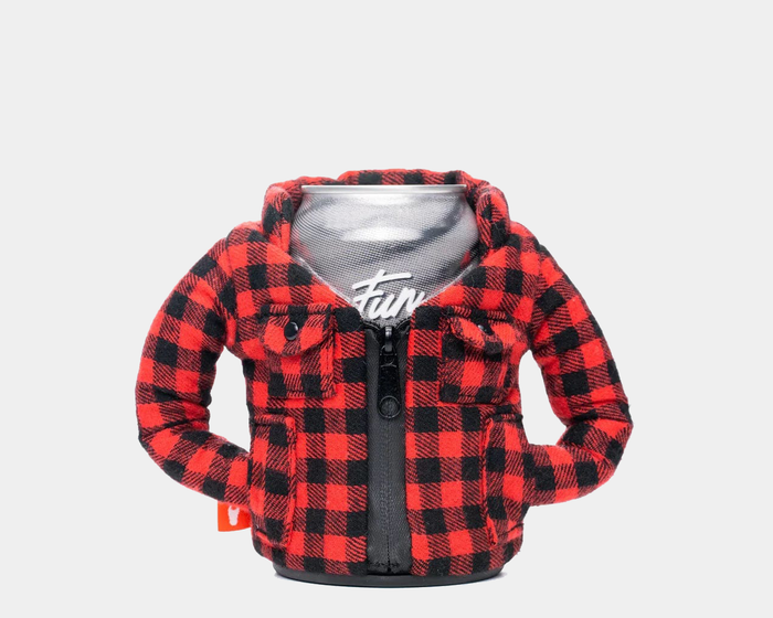 Puffin "The Lumberjack" can jacket in red and black buffalo plaid design with zip closure and pocket details, front view.