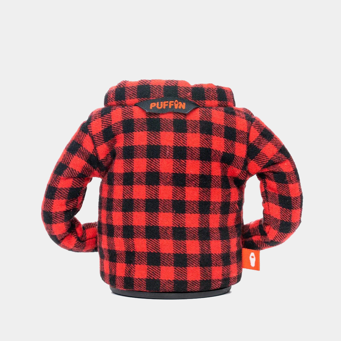 Puffin The Lumberjack bottle cooler in red and black buffalo plaid pattern with branded collar detail, back view.